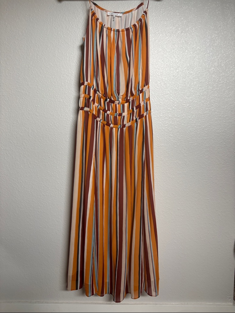 Frame Denim Striped Midi Dress in Mustard, Rust, Cream & Blue